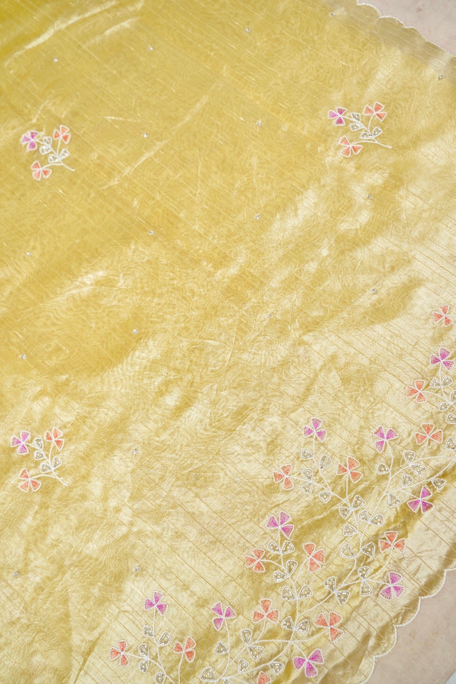 Raw Silk Saree with Handcrafted Moti & Zardozi Floral Embroidery – Lemon Gold Glow