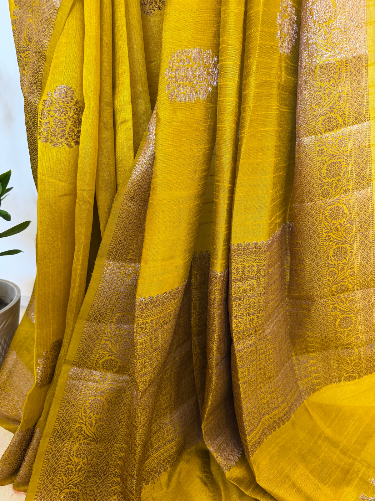 Mustard Yellow Raw Silk Saree with Antique Zari Weave