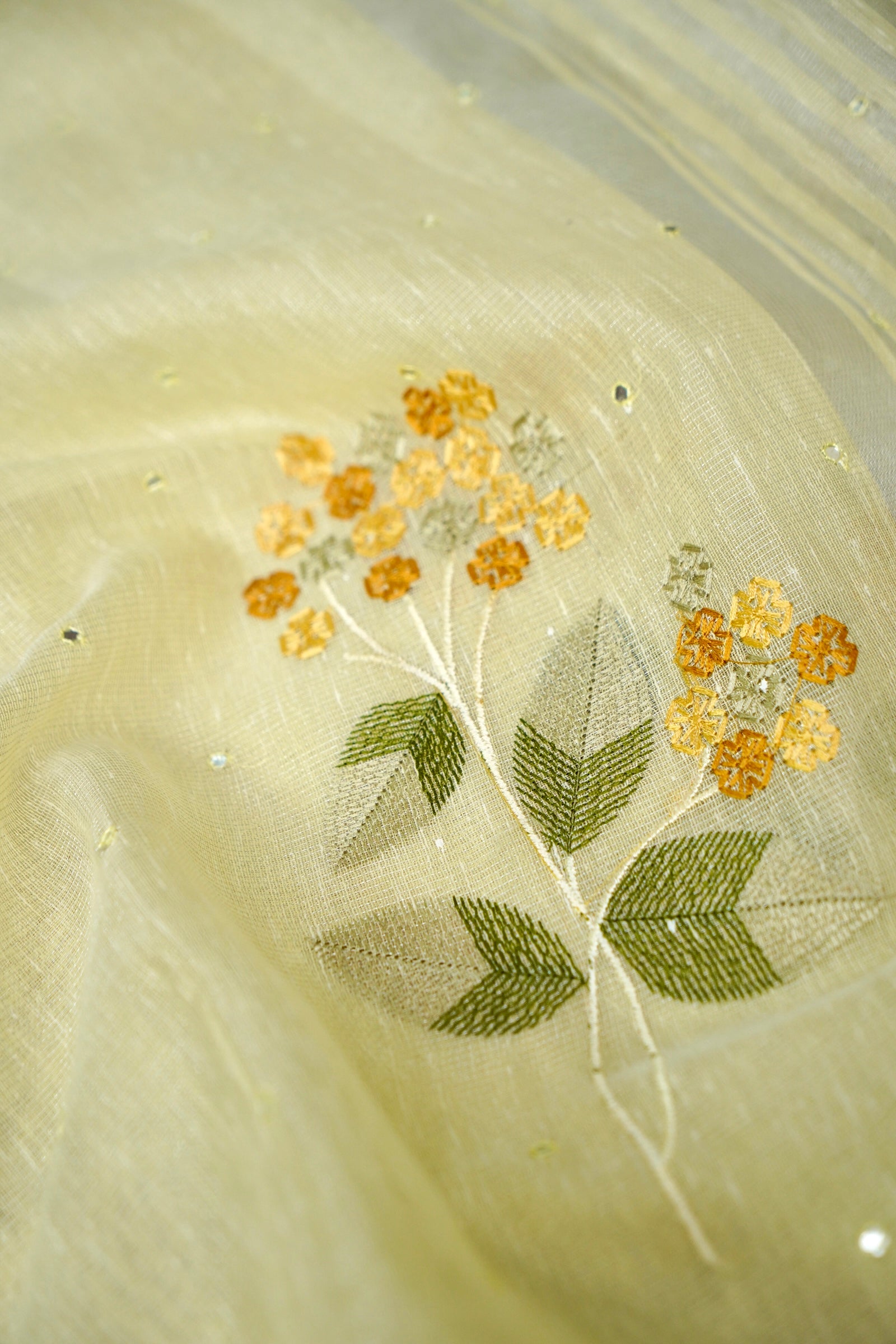 Linen Saree Floral Embroidery with Mirror Work – Lemon Yellow