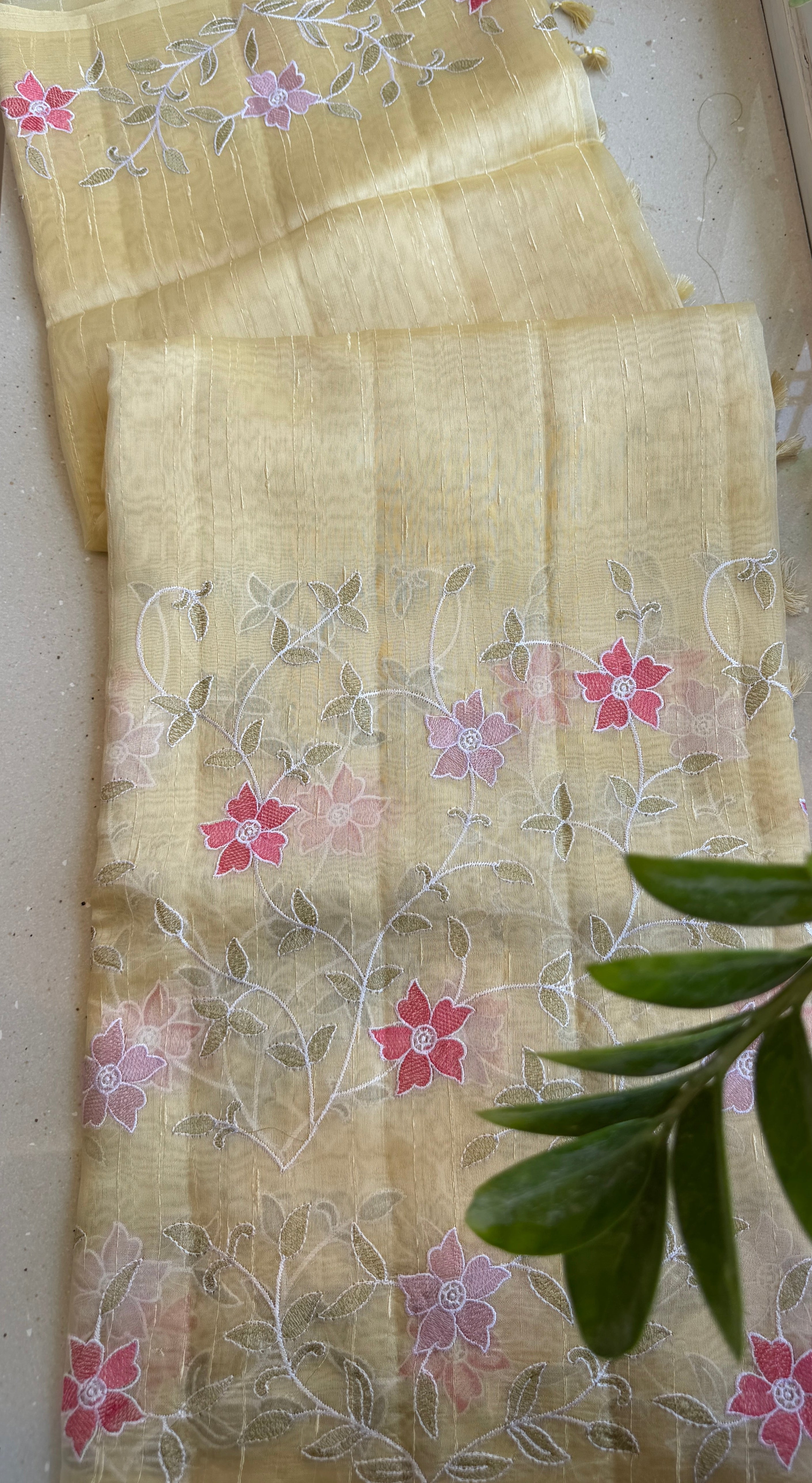 Raw Silk Saree with Flower and Petal Embroidery - Yellow