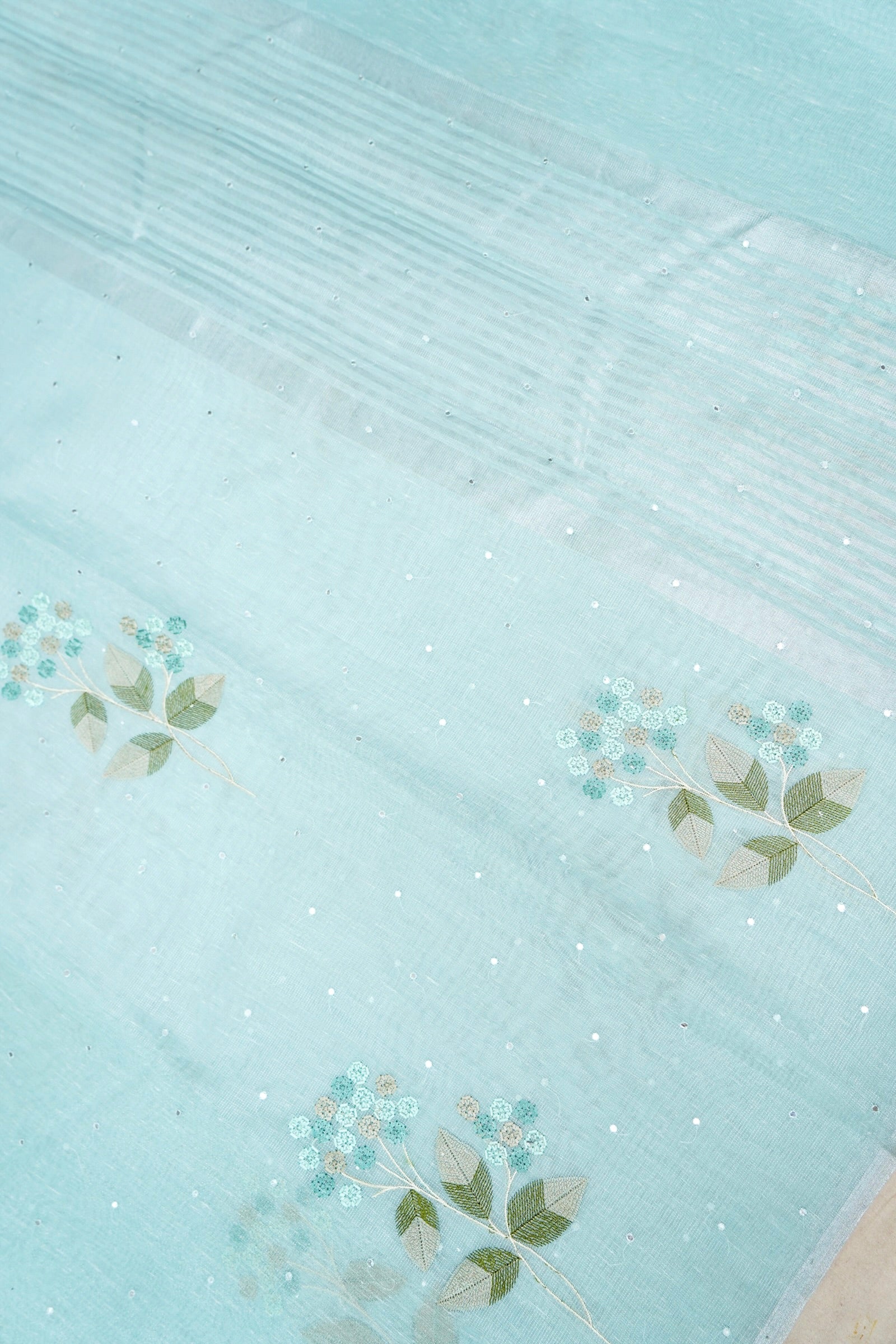 Linen Saree Floral Embroidery with Mirror Work – Sky Blue