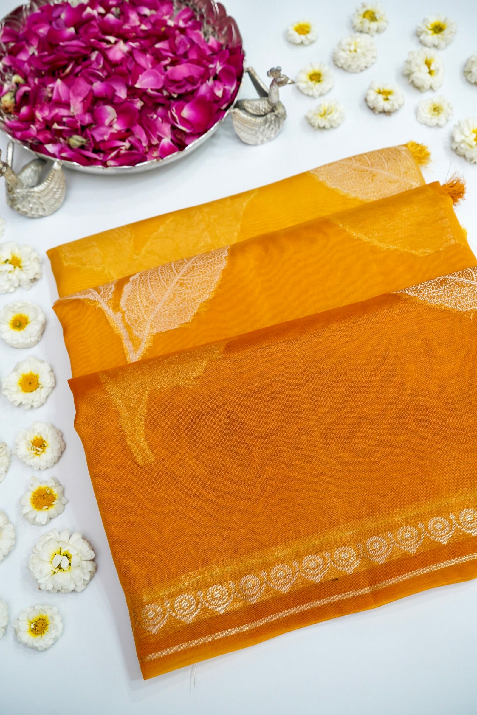 Ombré Paper Silk Saree with Woven Leaf Motifs  – Mustard Glow