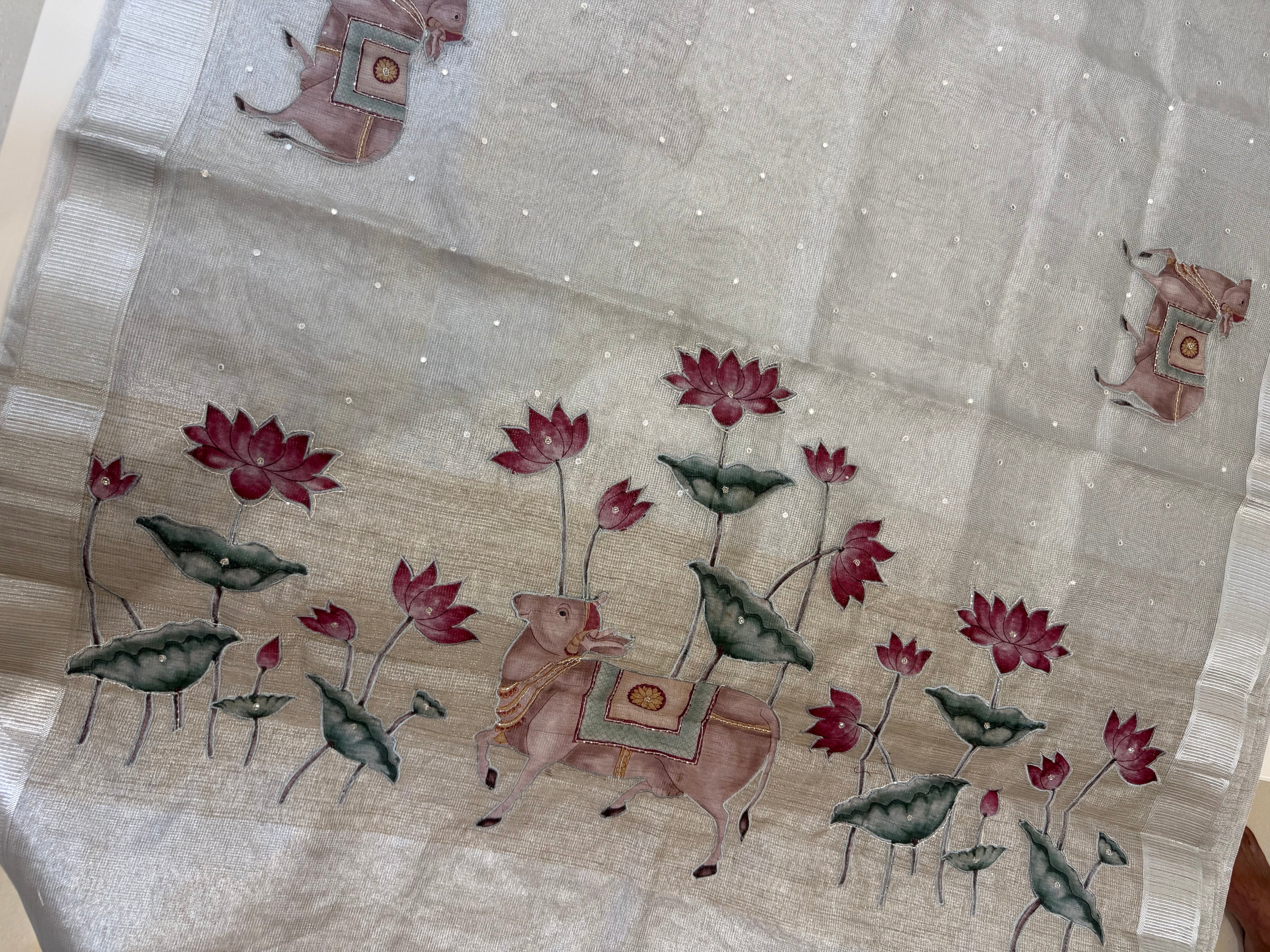 Silver Kota Tissue Pichwai Appliqué Saree