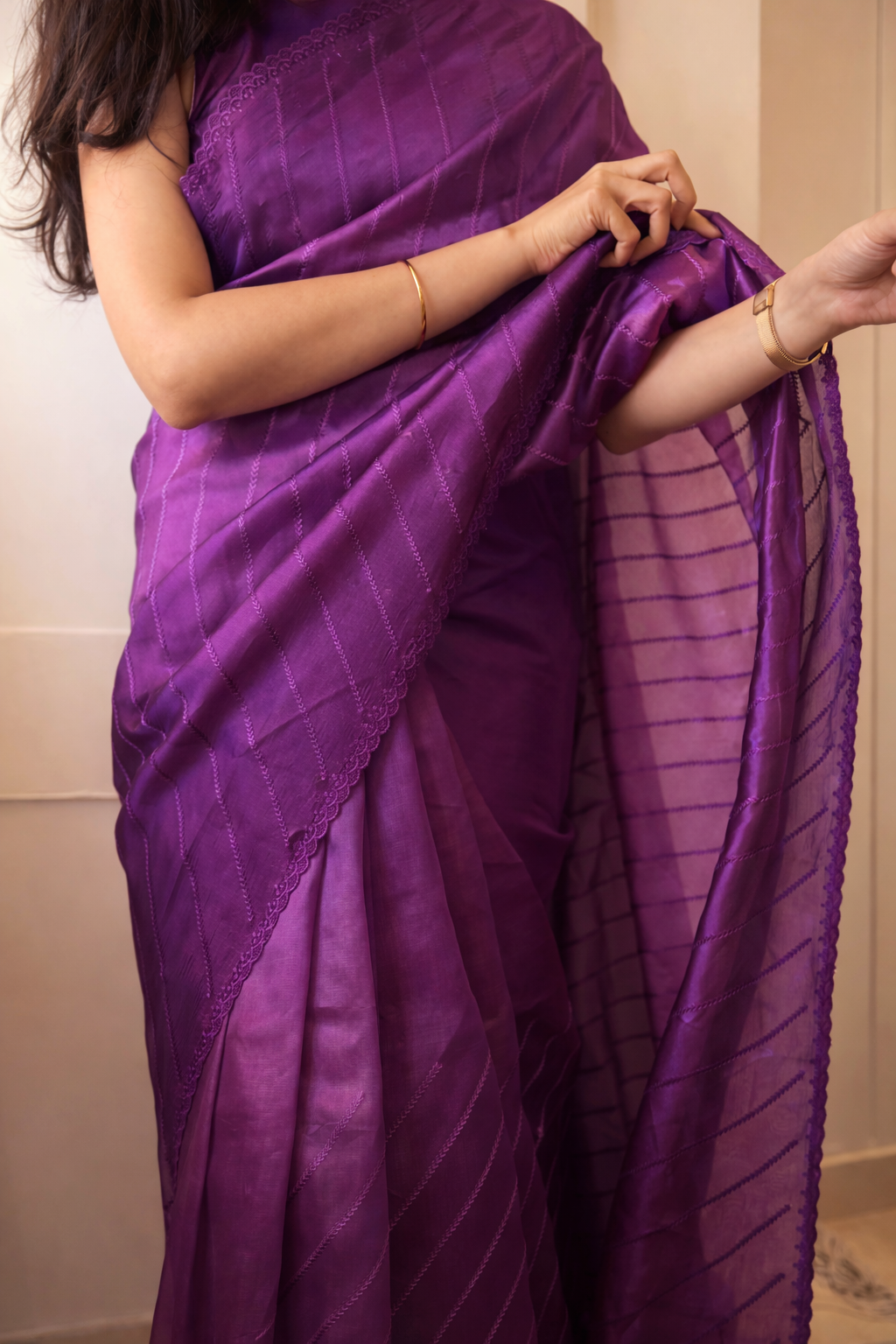 Ombré Raw Silk with Thread Embroidery - Deep Purple