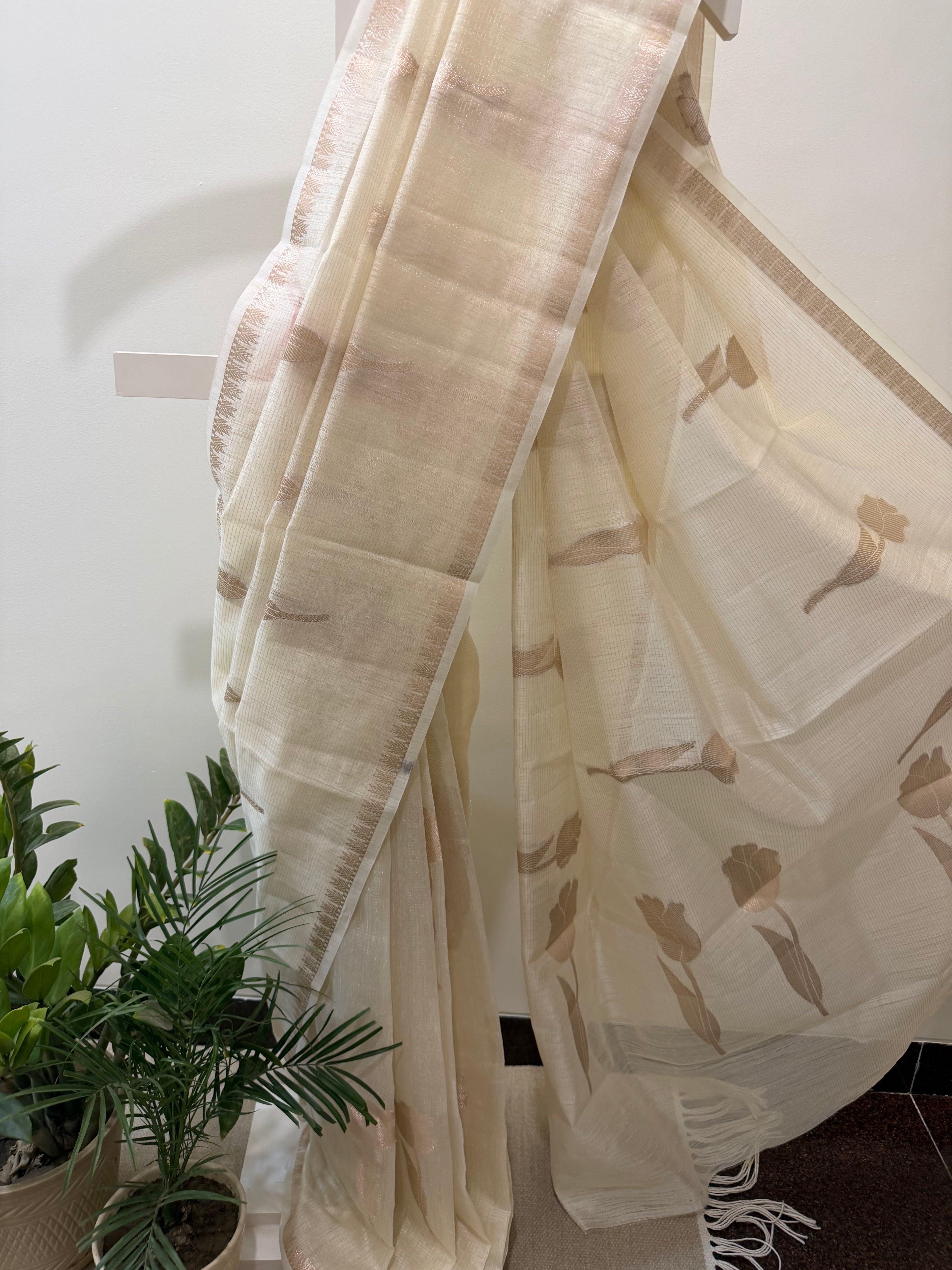 Off White Linen Saree with Gold Weaving