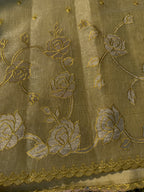 Linen tissue saree with applique work and scallop border - Lemon Yellow