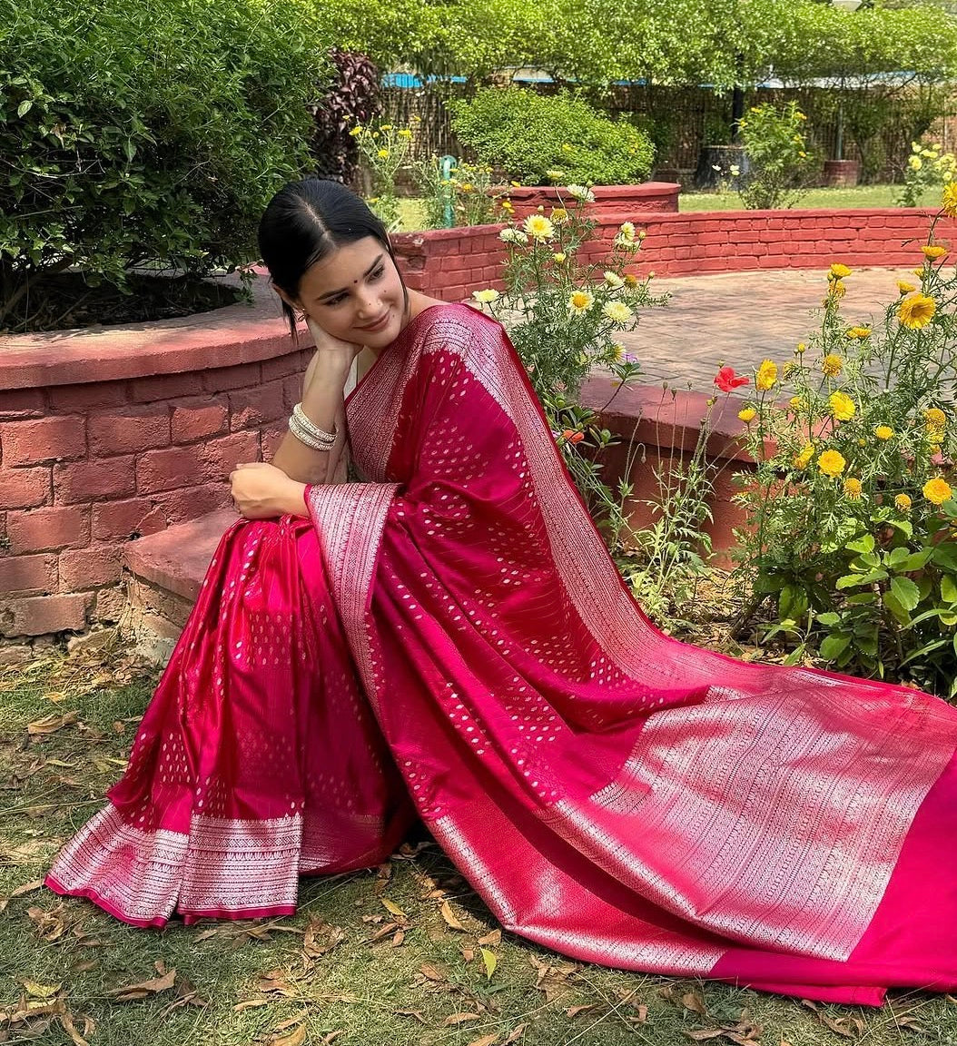 Mashru Silk Saree with Zari Weaving – Rani Pink