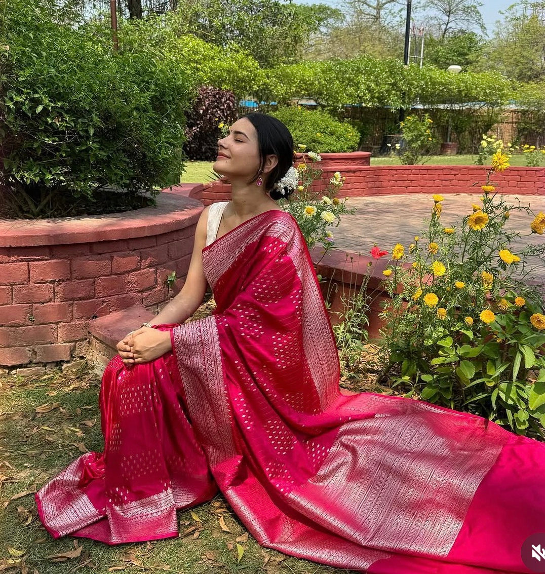 Mashru Silk Saree with Zari Weaving – Rani Pink