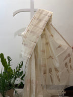 Off White Linen Saree with Gold Weaving