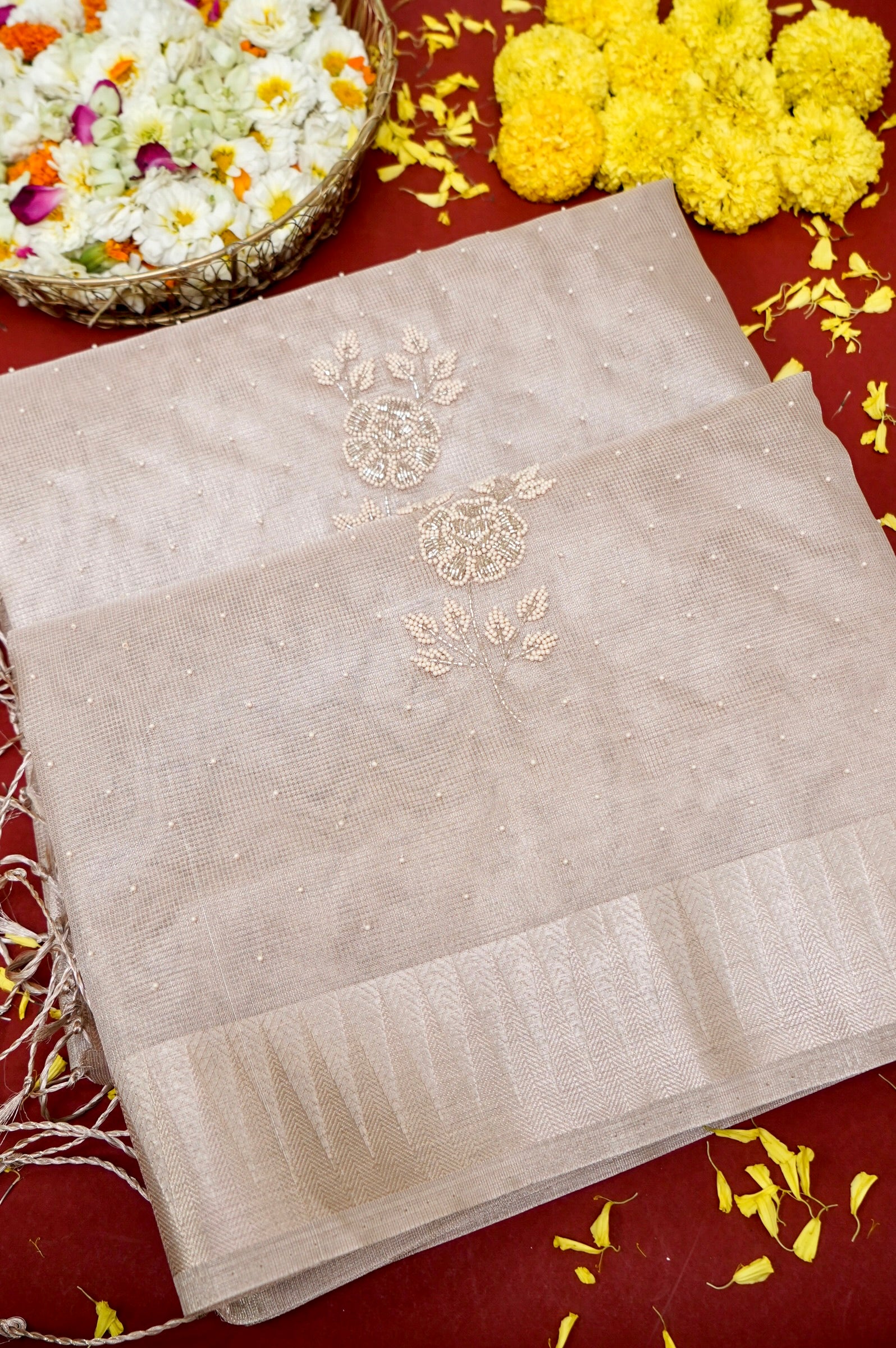 Tissue Kota Saree with All-Over Moti Handwork – Rose Gold