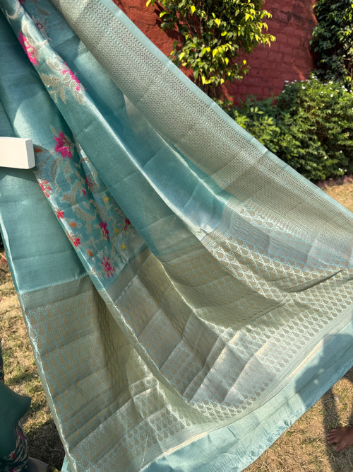 Aqua Blue Kora Silk Saree