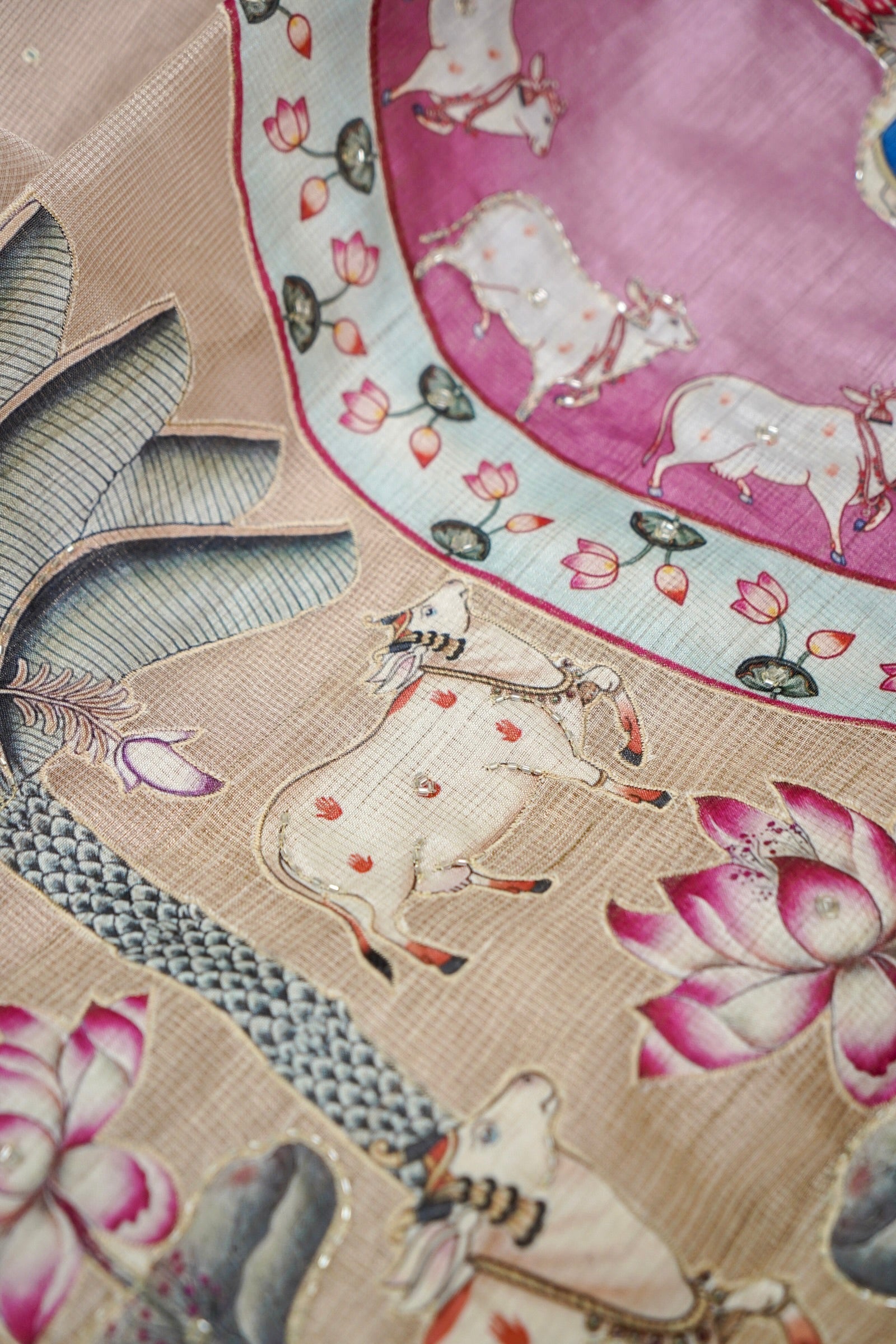 Kota Tissue Saree with Appliqué & Cutdana Work – Rose Gold