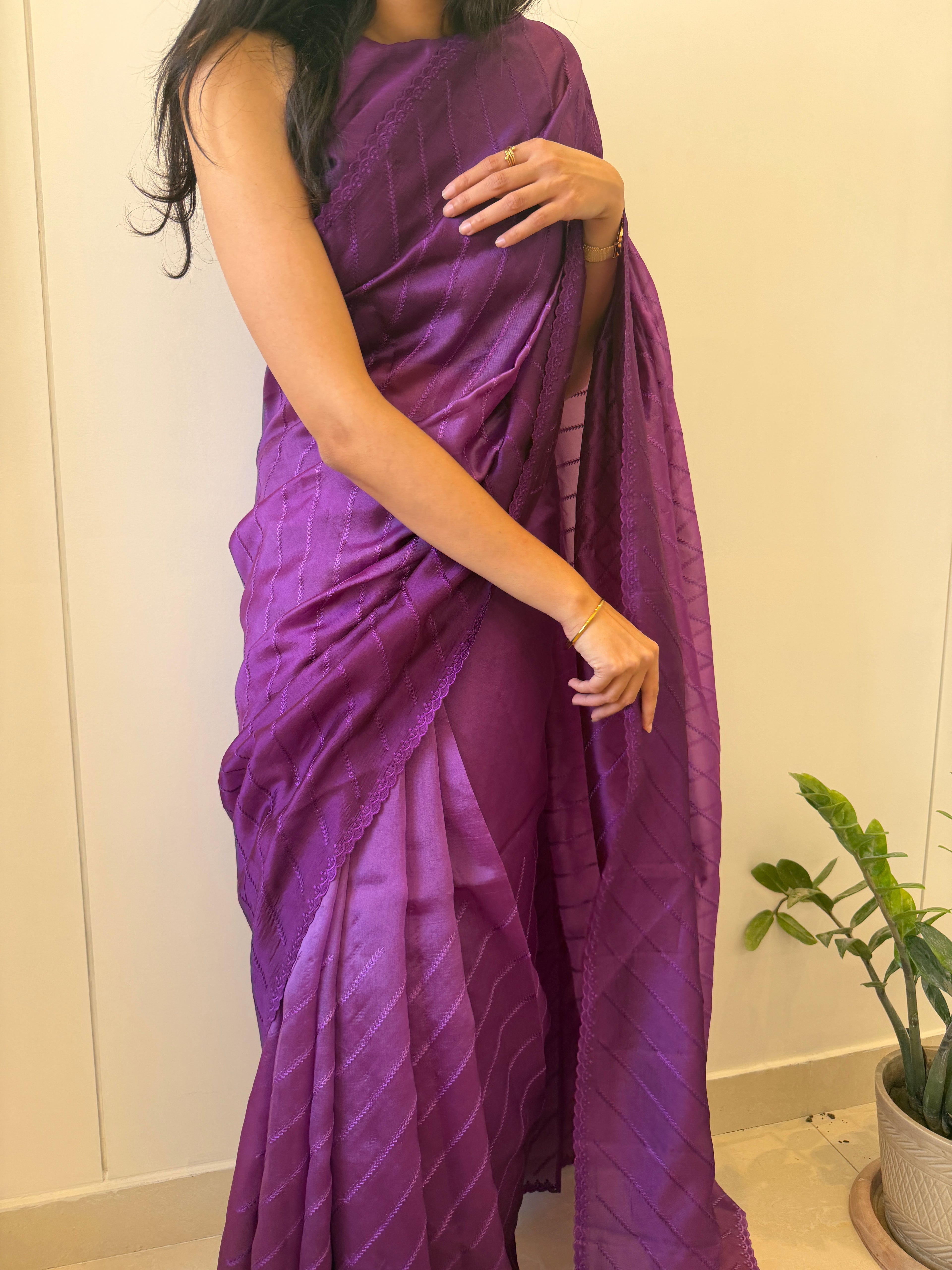 Ombré Raw Silk with Thread Embroidery - Deep Purple