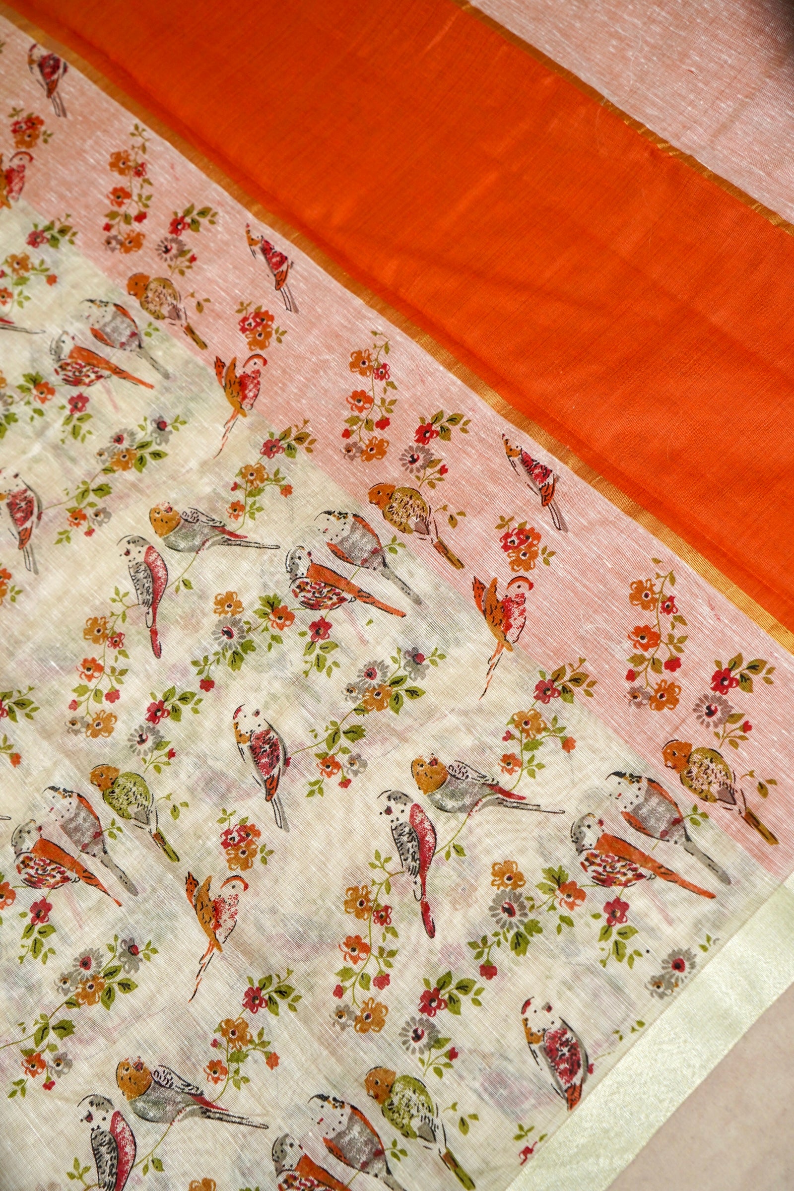 Cotton Linen Bird Printed Saree - Orange