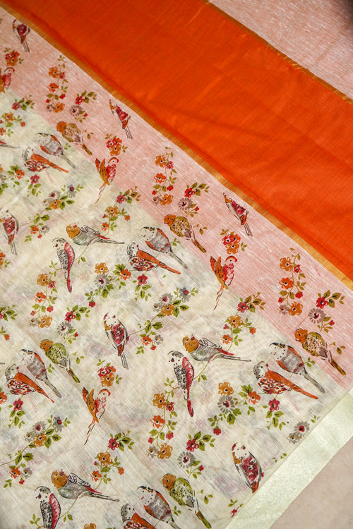 Cotton Linen Bird Printed Saree - Orange