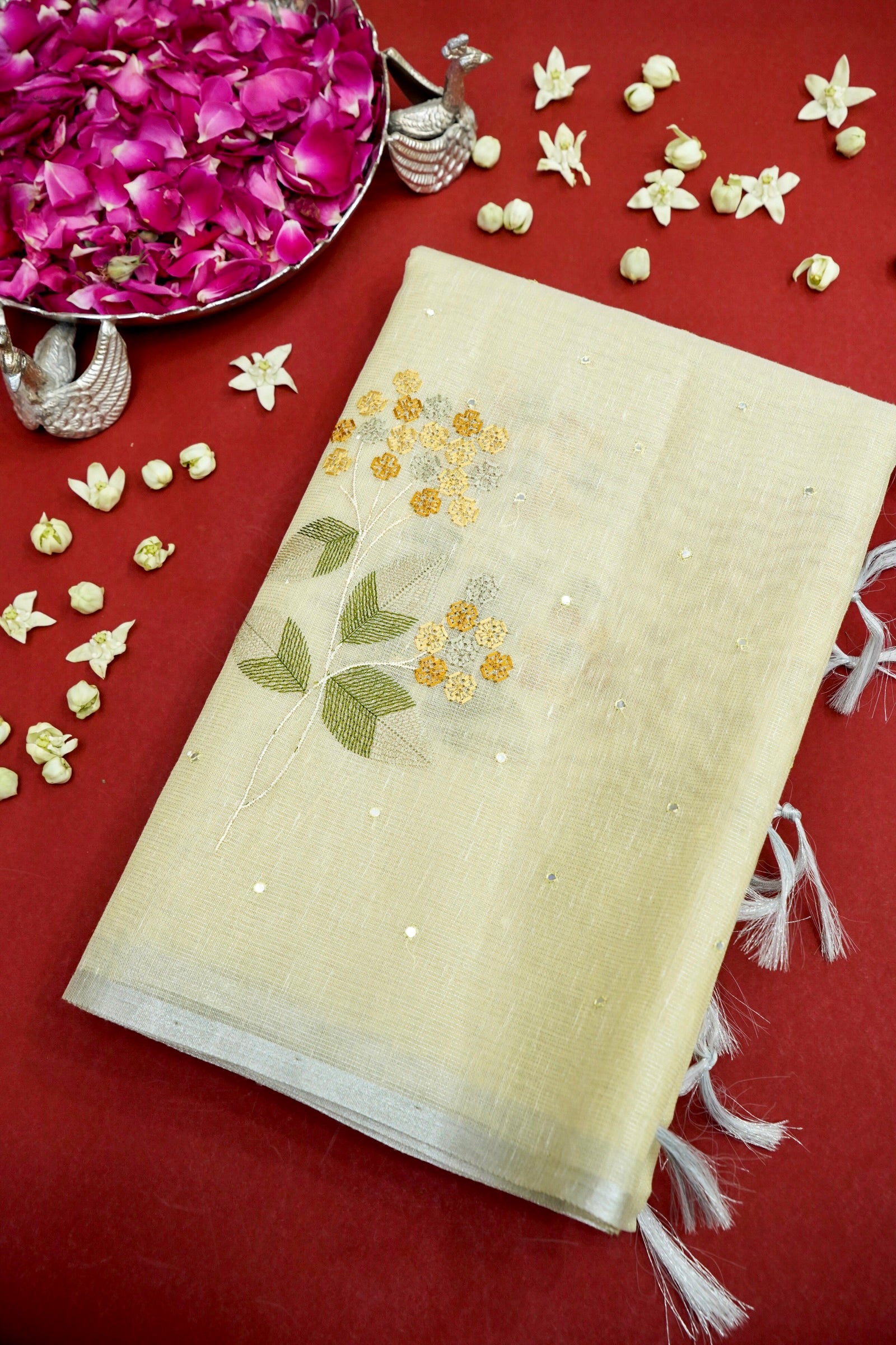 Linen Saree Floral Embroidery with Mirror Work – Lemon Yellow
