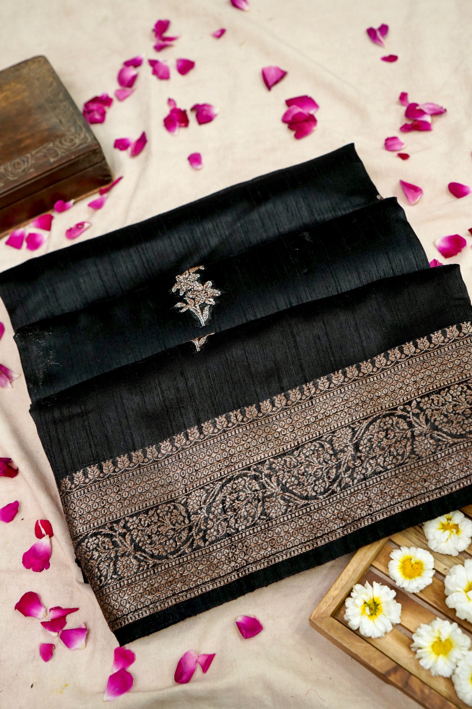 Raw silk saree with Antique Zari - Black
