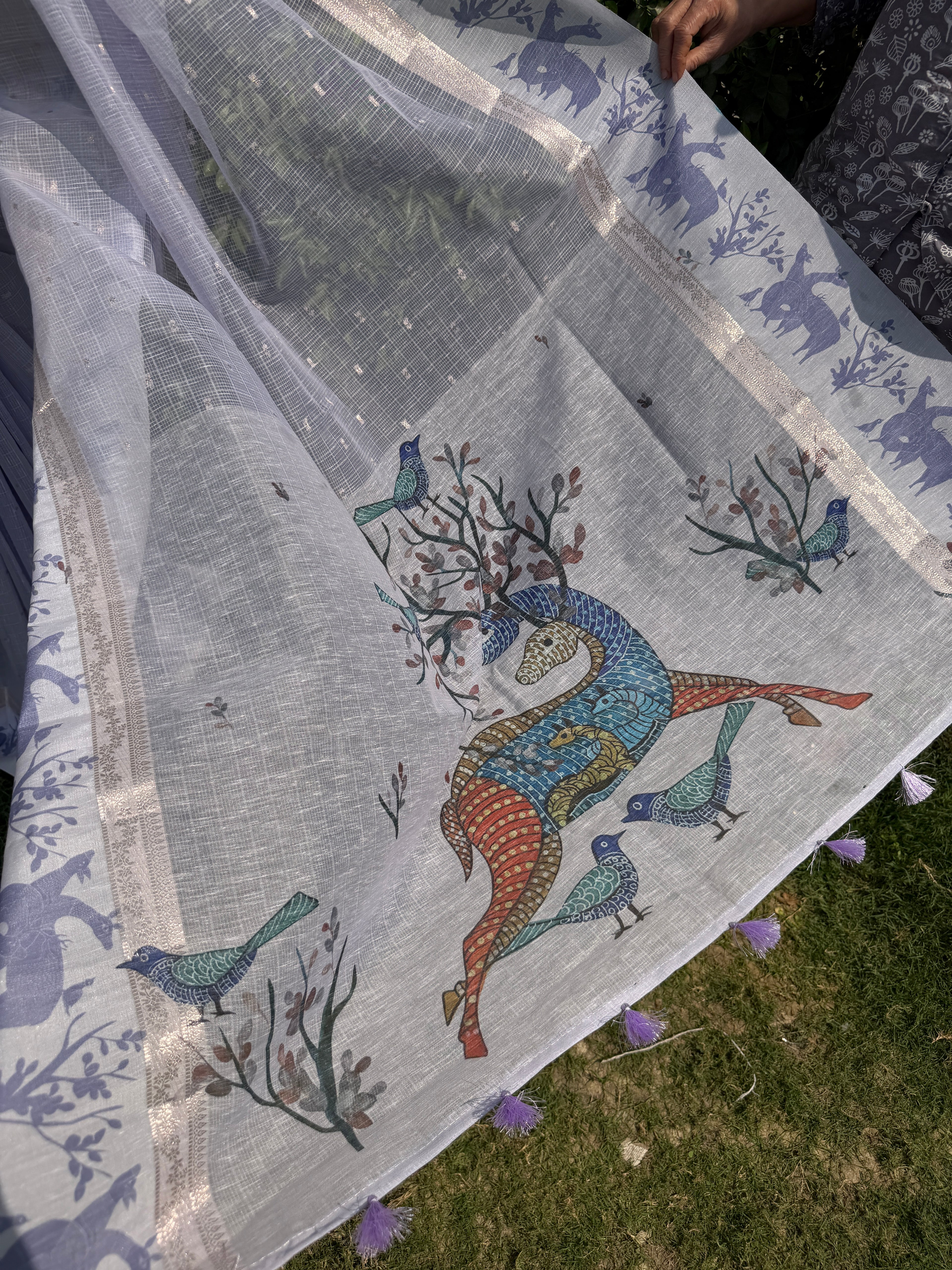 Linen Saree with Shadow Animal Print – Lavender