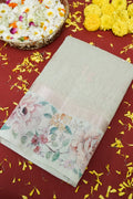 Linen Saree with Digital Floral Print – Pastel Mint