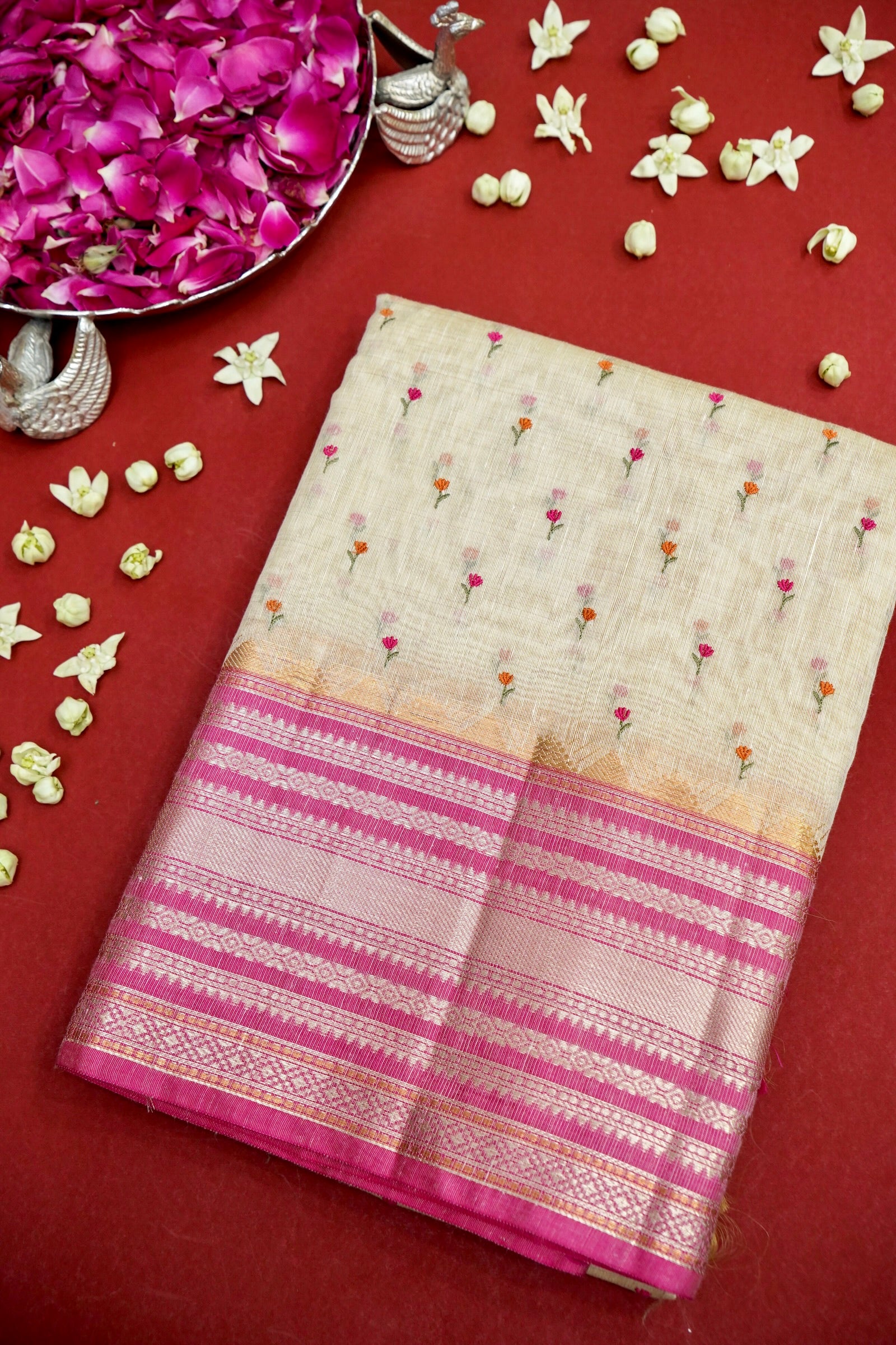Makhi Butti Linen Cotton Saree -Pink