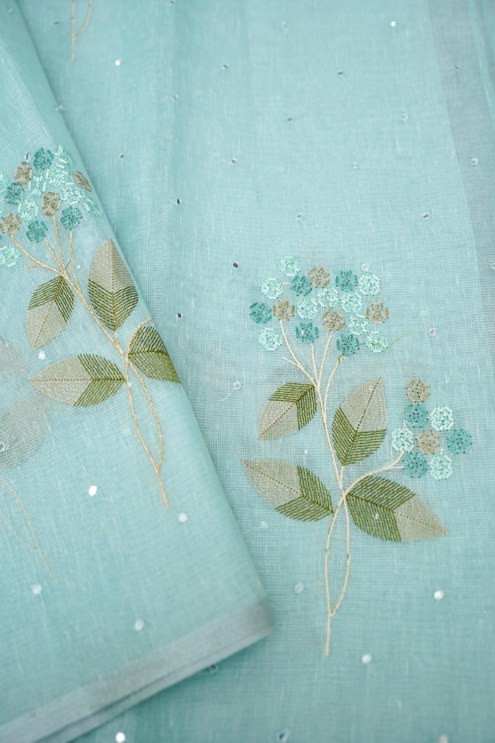 Linen Saree Floral Embroidery with Mirror Work – Sky Blue
