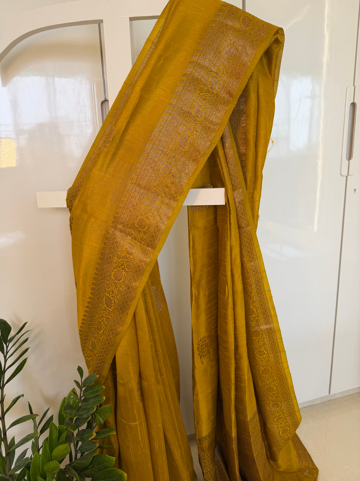 Mustard Yellow Raw Silk Saree with Antique Zari Weave