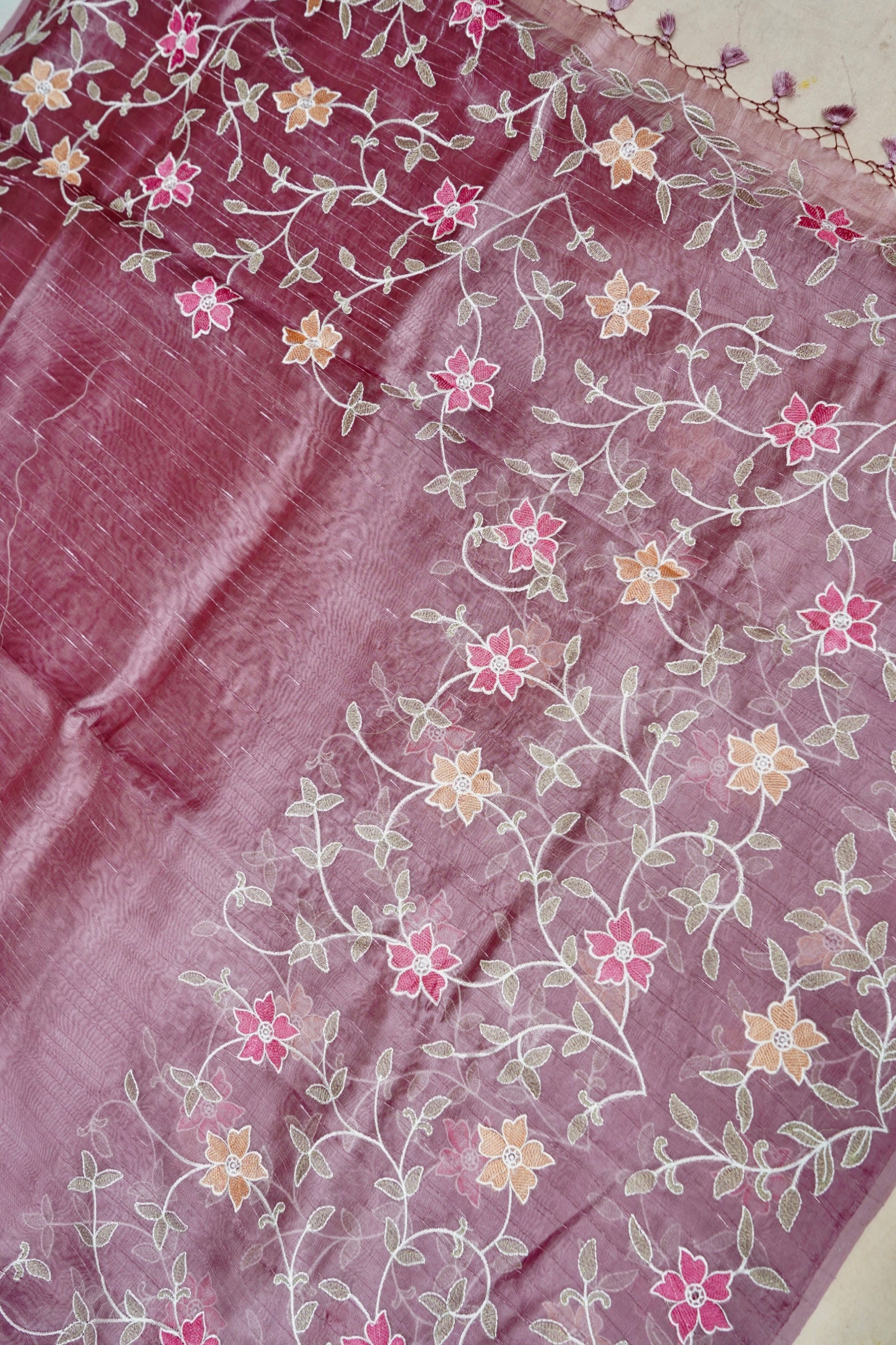Raw Silk Saree with Flower and Petal Embroidery - Dusty Lavender