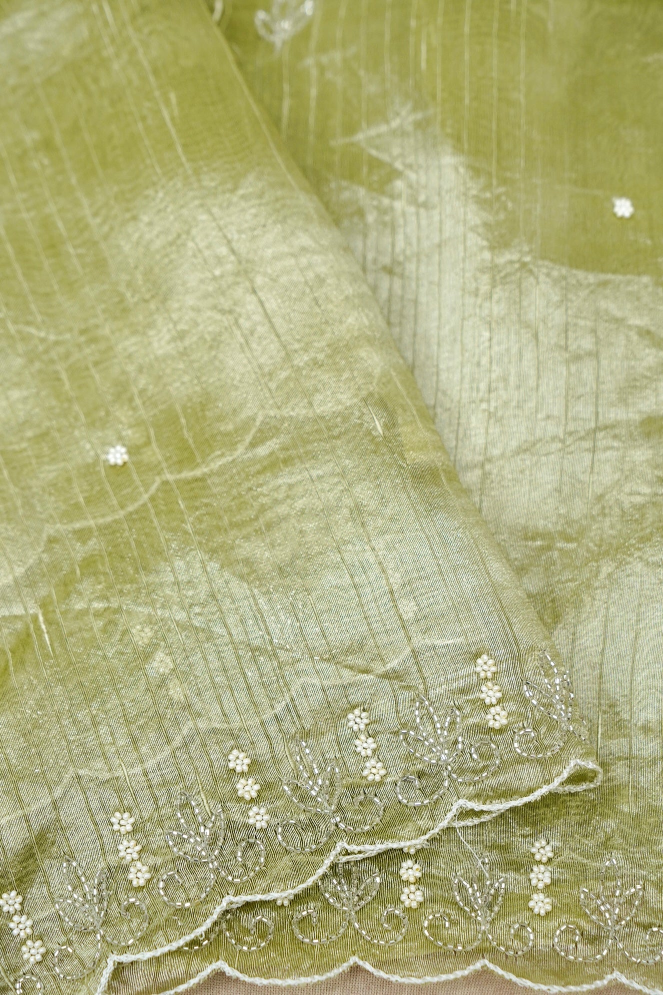 Raw Silk Saree with Handcrafted Zardozi Embroidered Border & Buti Detailing – Pista Green