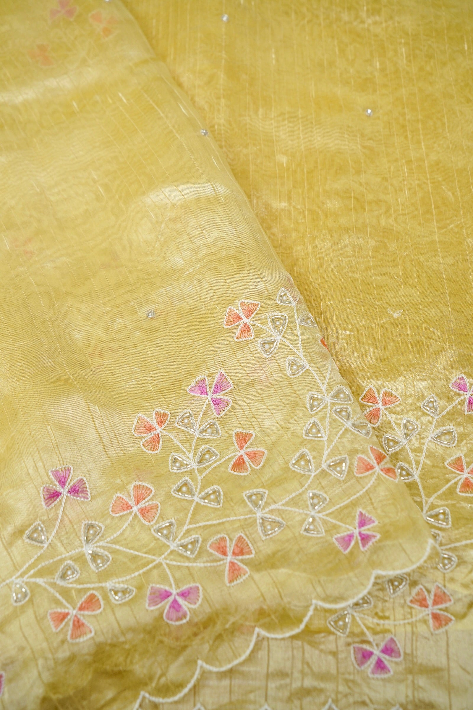 Raw Silk Saree with Handcrafted Moti & Zardozi Floral Embroidery – Lemon Gold Glow