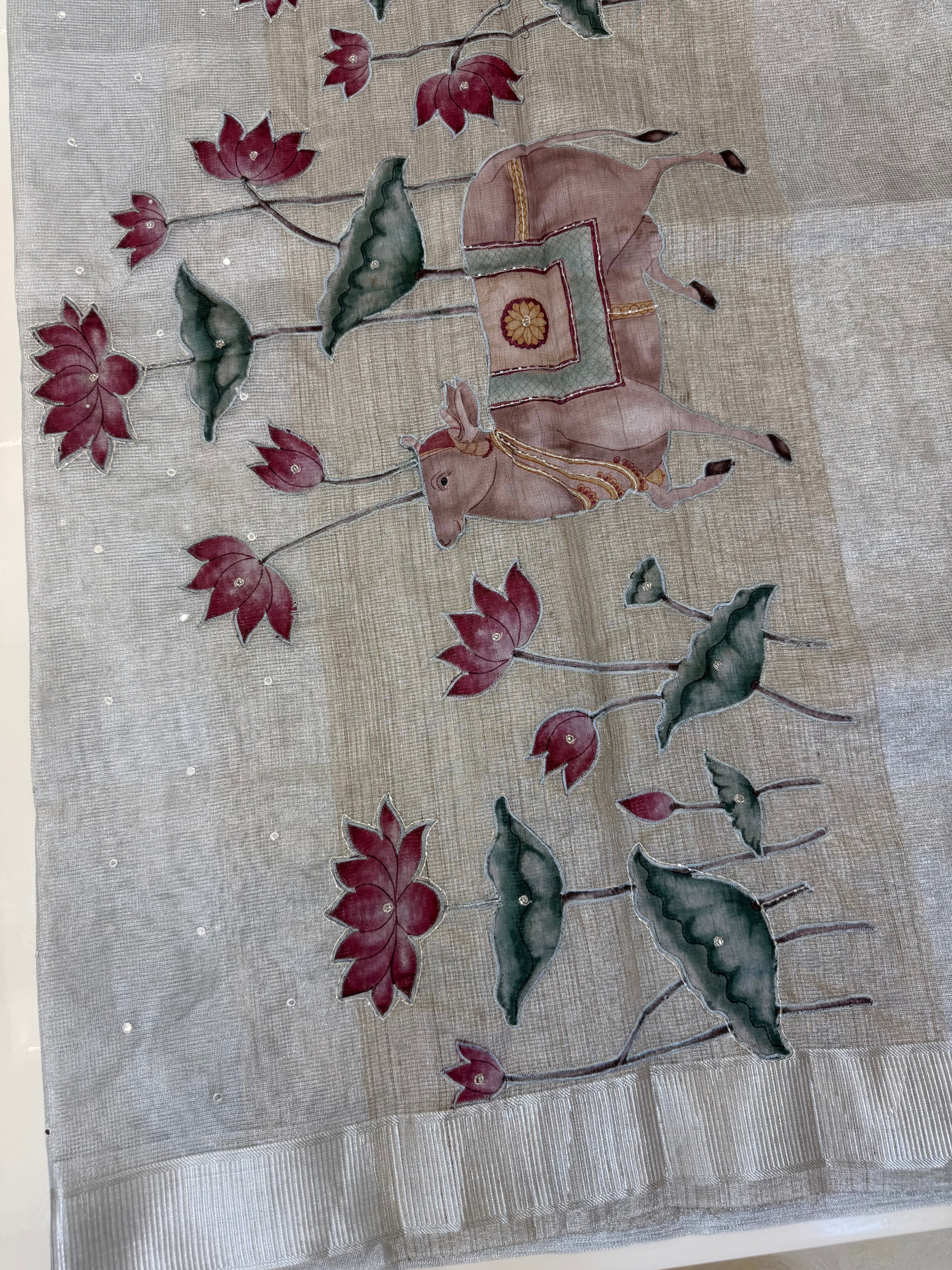 Silver Kota Tissue Pichwai Appliqué Saree