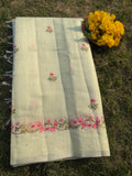 Linen Saree with Floral Embroidery – Mint Green