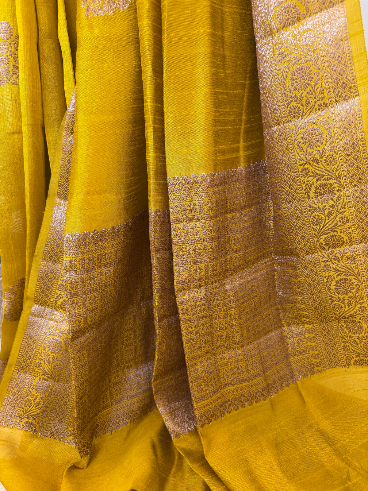 Mustard Yellow Raw Silk Saree with Antique Zari Weave