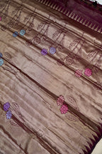 Tissue Silk Saree with Floral Weaving & Temple Border – Antique Gold & Wine