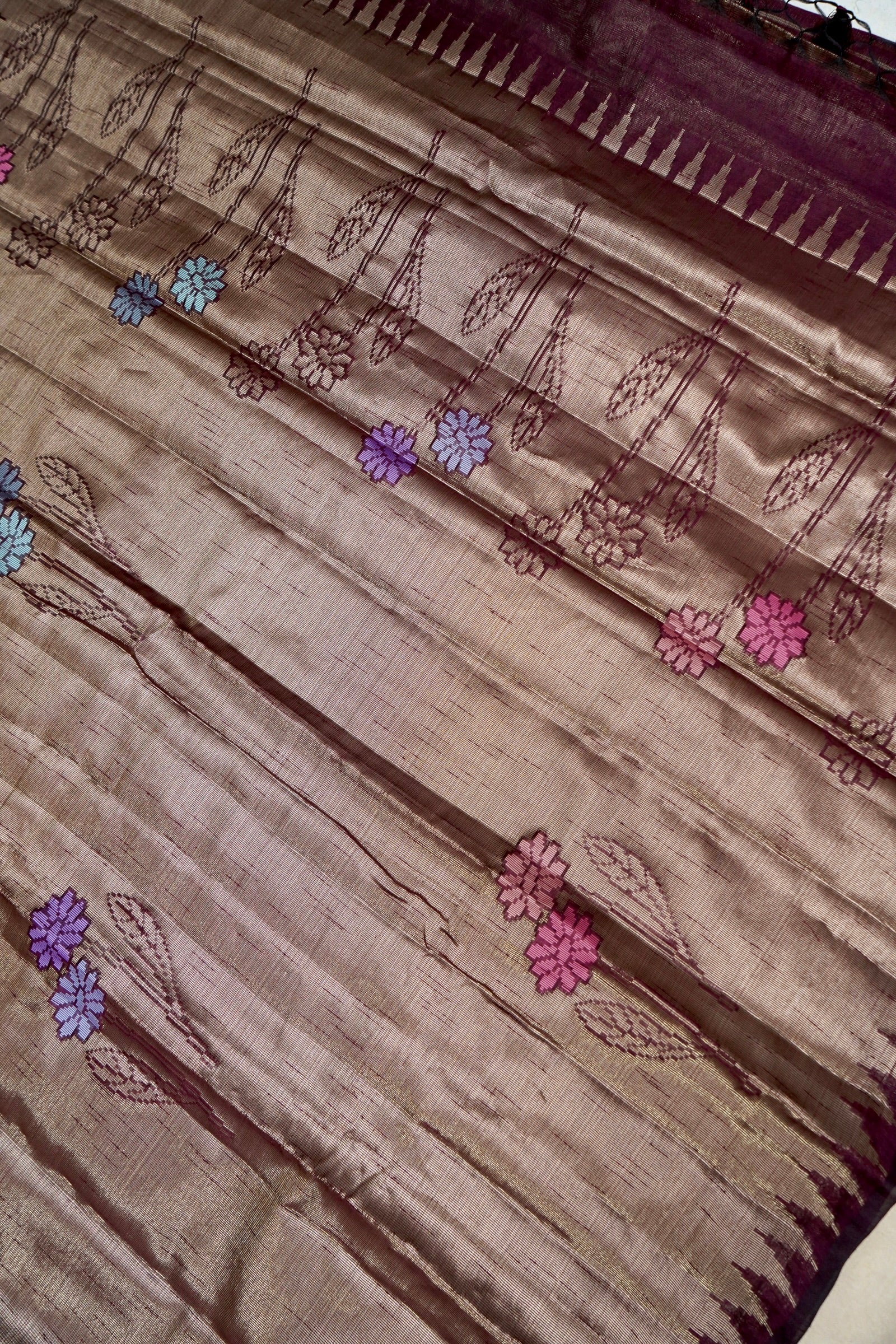 Tissue Silk Saree with Floral Weaving & Temple Border – Antique Gold & Wine