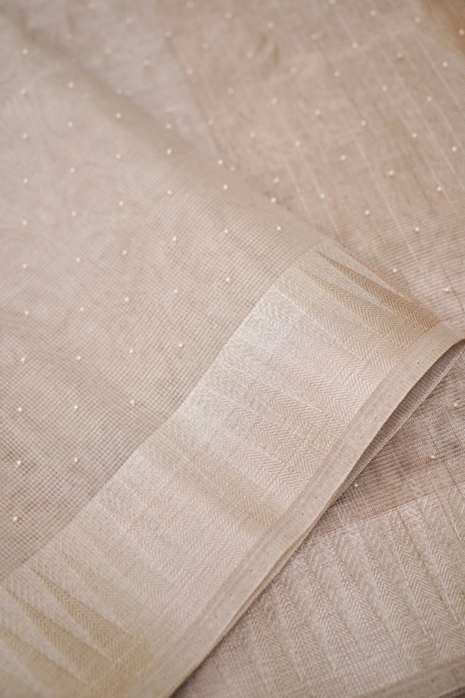 Tissue Kota Saree with All-Over Moti Handwork – Rose Gold