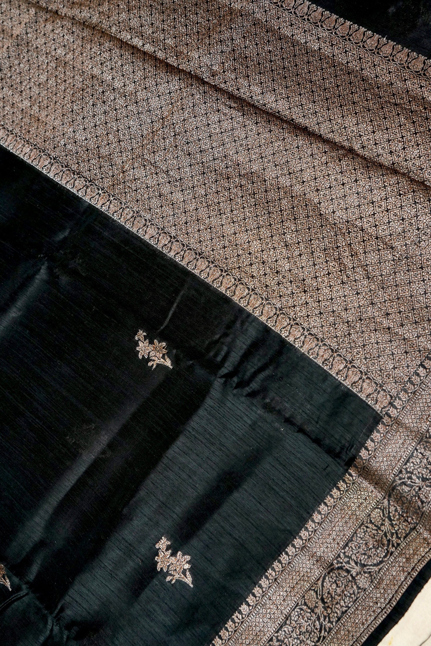 Raw silk saree with Antique Zari - Black