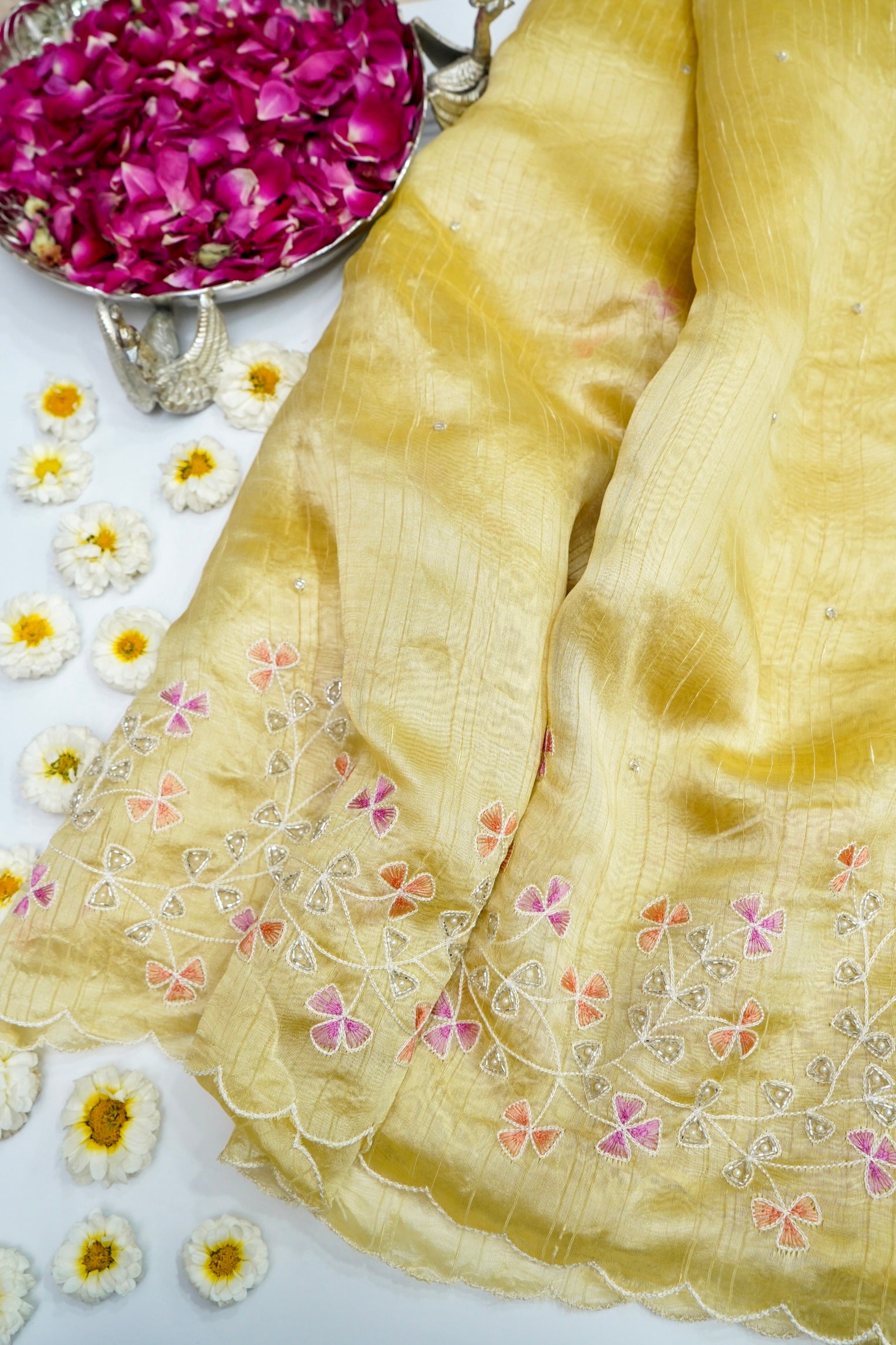 Raw Silk Saree with Handcrafted Moti & Zardozi Floral Embroidery – Lemon Gold Glow