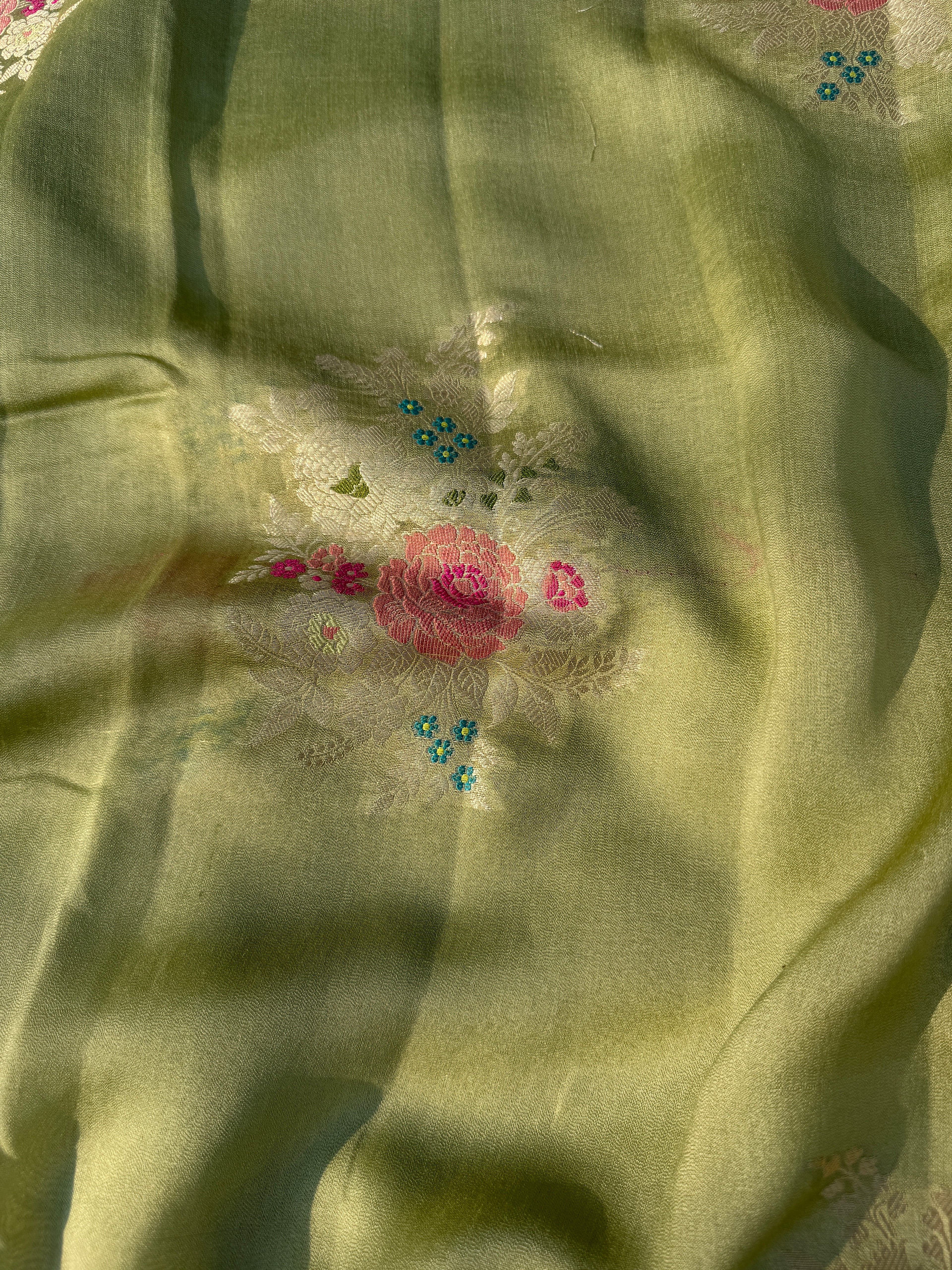 Pastel Pista Green Floral Georgette Banarasi Saree