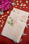Linen Saree Floral Embroidery with Mirror Work – Peach
