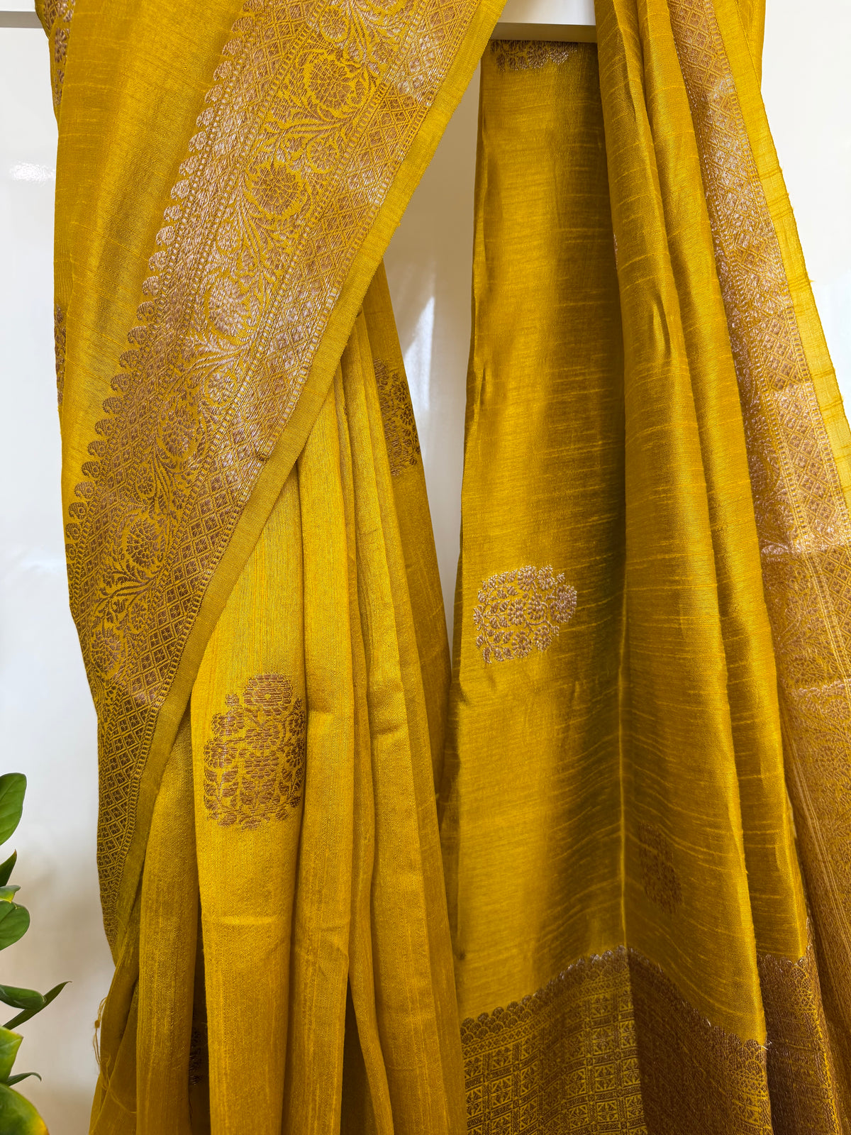 Mustard Yellow Raw Silk Saree with Antique Zari Weave