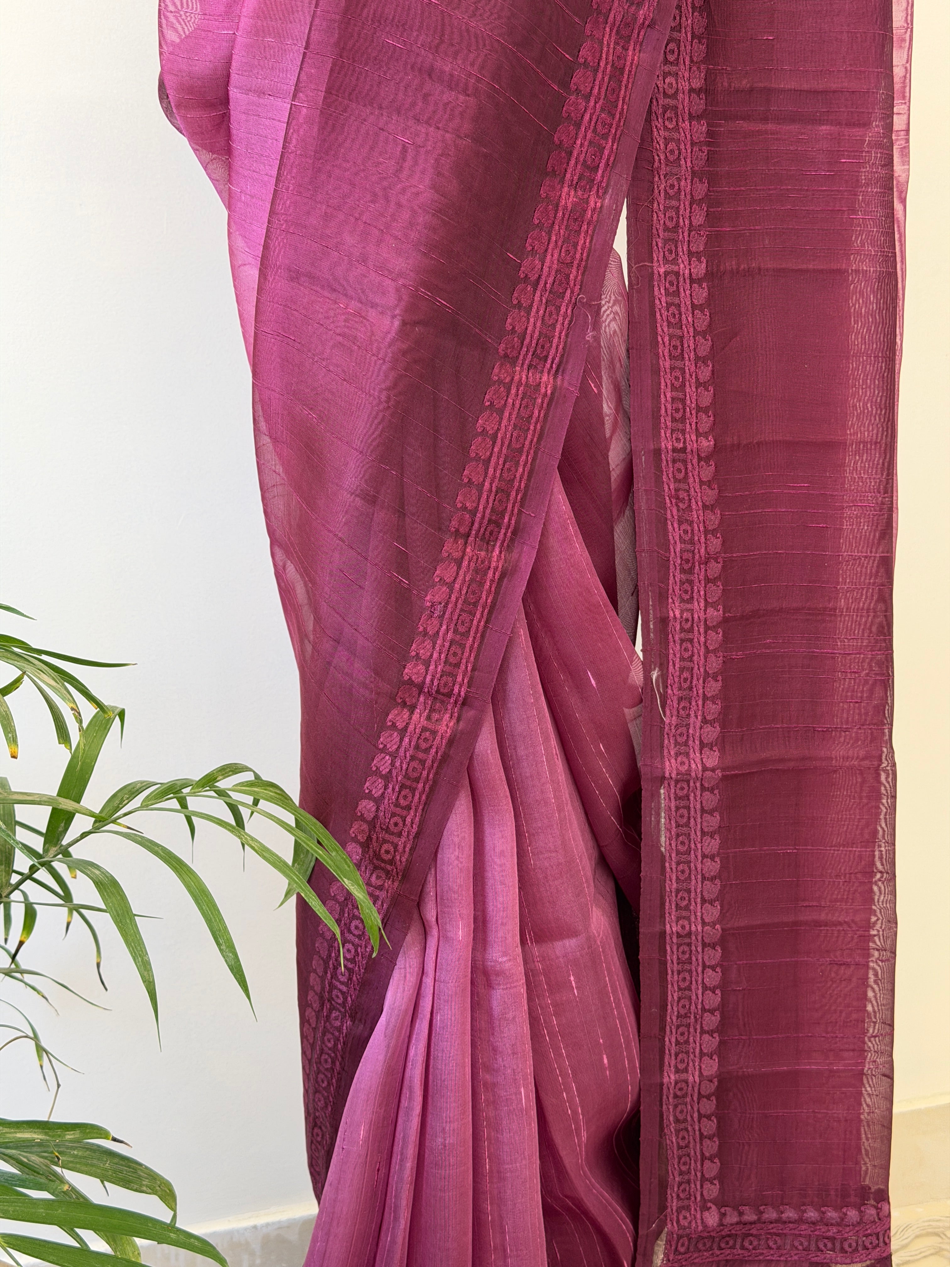 Ombre Raw Silk Organza with Embroidered Border – Wine
