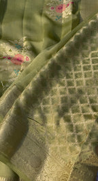 Pastel Pista Green Floral Georgette Banarasi Saree