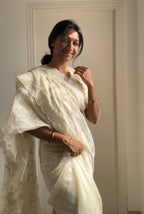 Raw Silk Saree with Applique Work & Scalloped Border -Off White