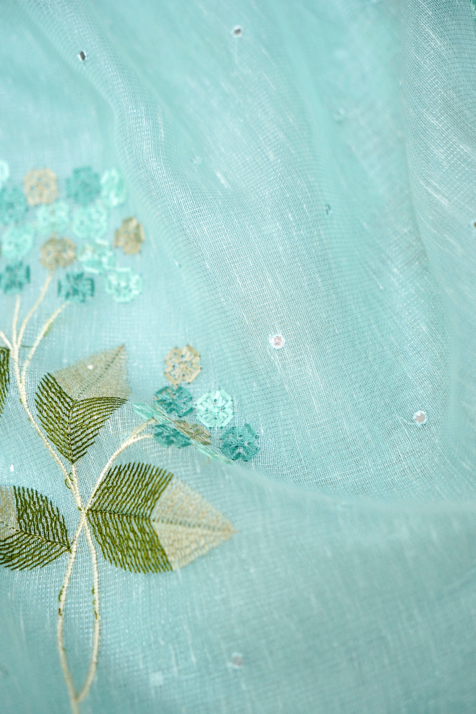 Linen Saree Floral Embroidery with Mirror Work – Sky Blue