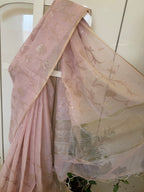 Pink Appliqué Linen Tissue Saree