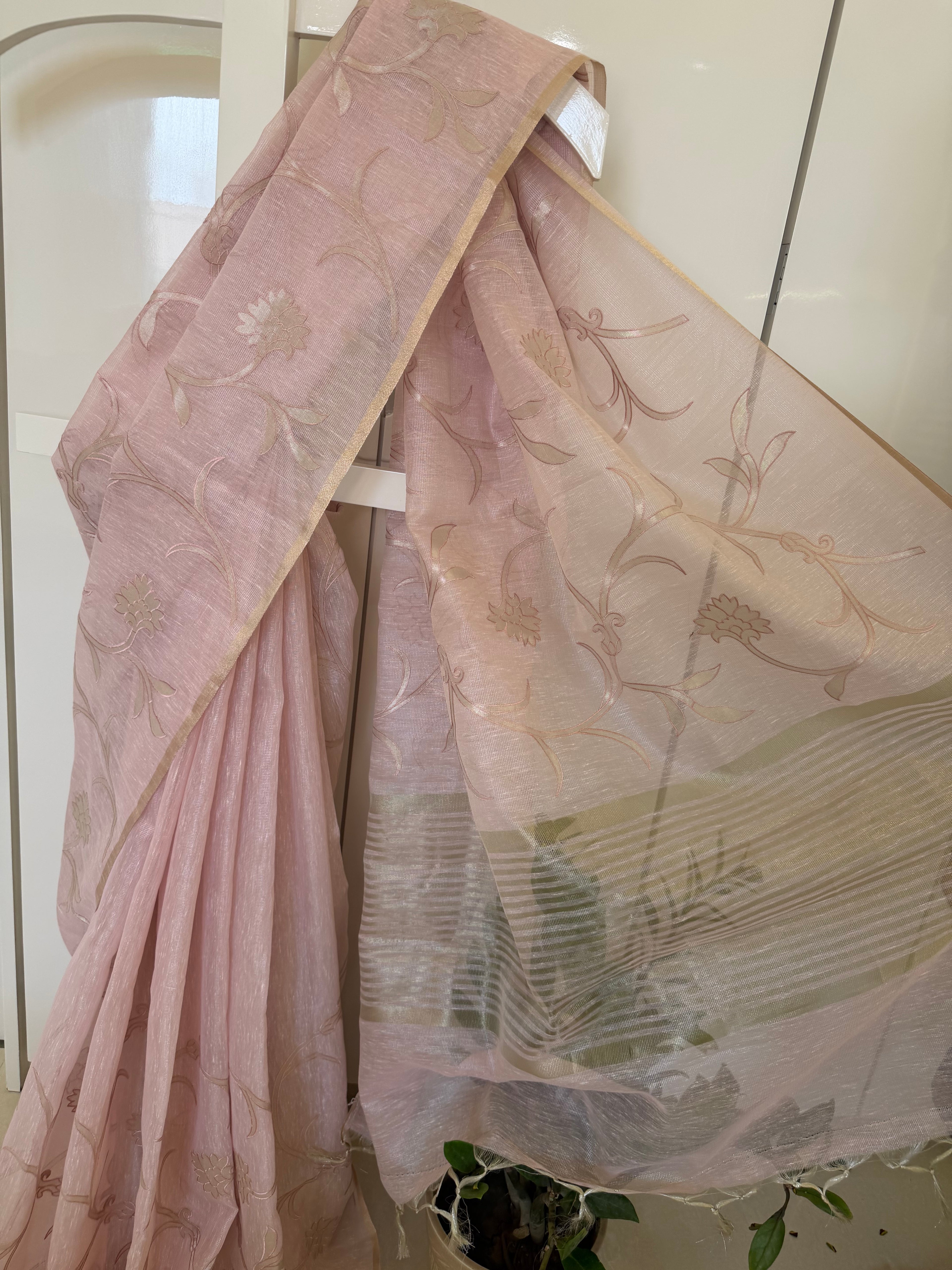 Pink Appliqué Linen Tissue Saree