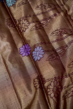 Tissue Silk Saree with Floral Weaving & Temple Border – Antique Gold & Wine