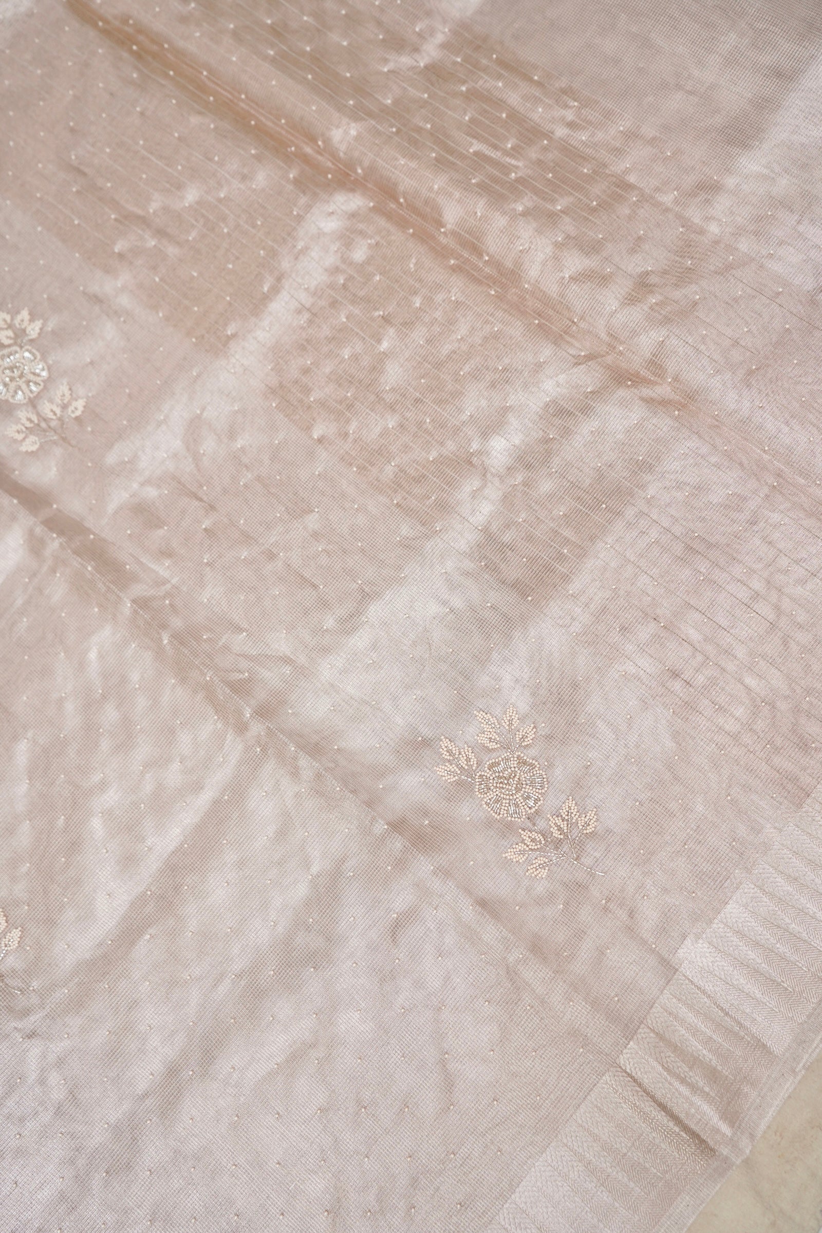 Tissue Kota Saree with All-Over Moti Handwork – Rose Gold