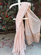 Linen Saree with Appliqué Pallu & Embroidered Body – Peach