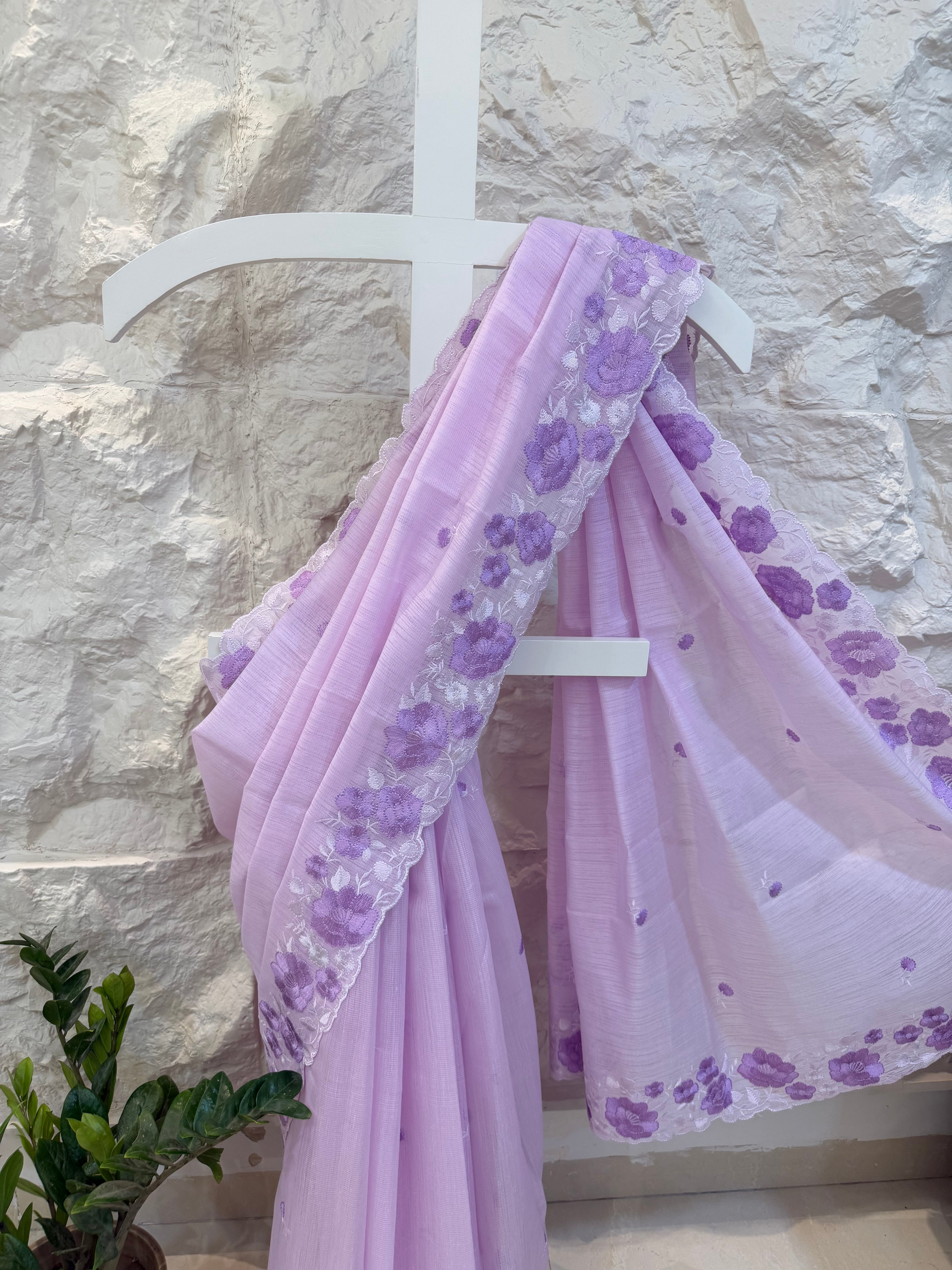Lavender Embroidered Linen  Saree
